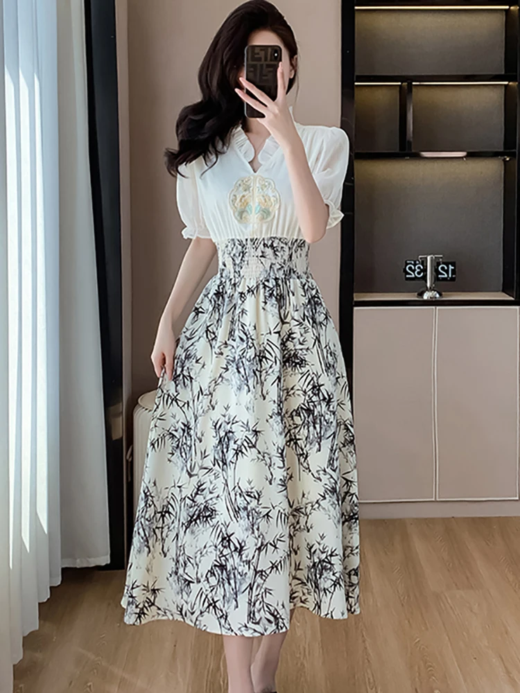 

Женское модное шифоновое лоскутное платье с принтом, летнее платье из двух предметов с пышными рукавами и v-образным вырезом, 2025, корейское винтажное платье, Vestidos