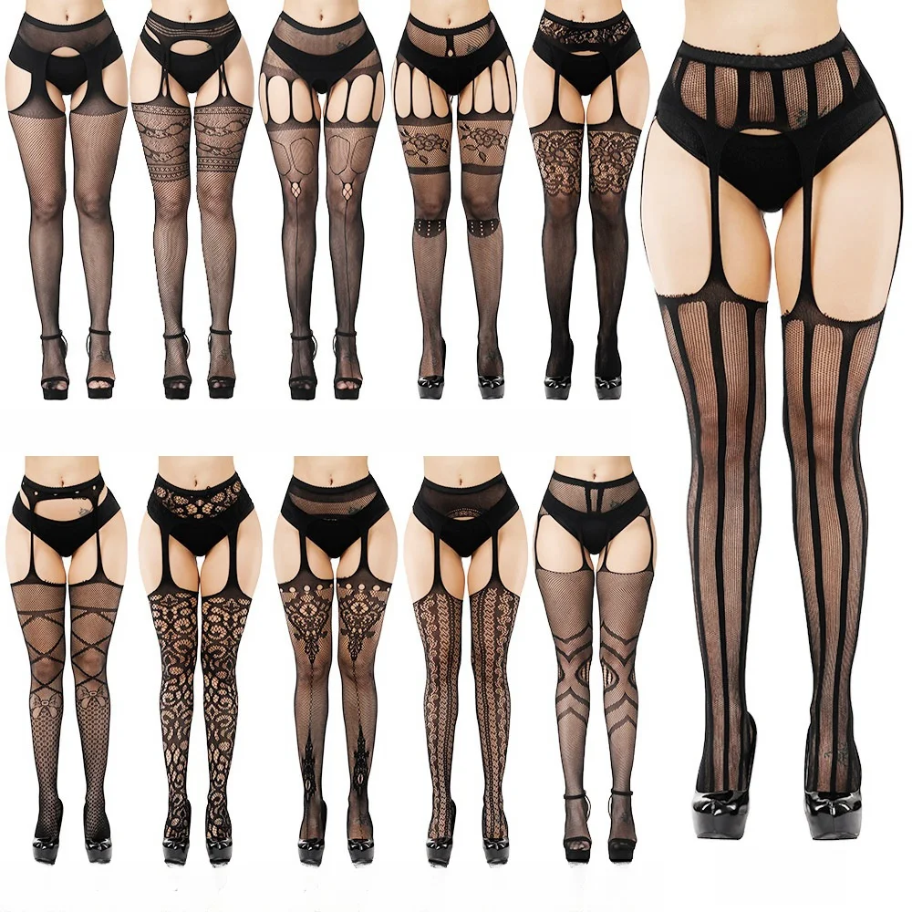 

Oversize Women Tights Sheer Pantyhose Plus Size Hot Sexy Fishnet Black Thigh High Stockings with Garter Belt Open Crotch XXXXXL