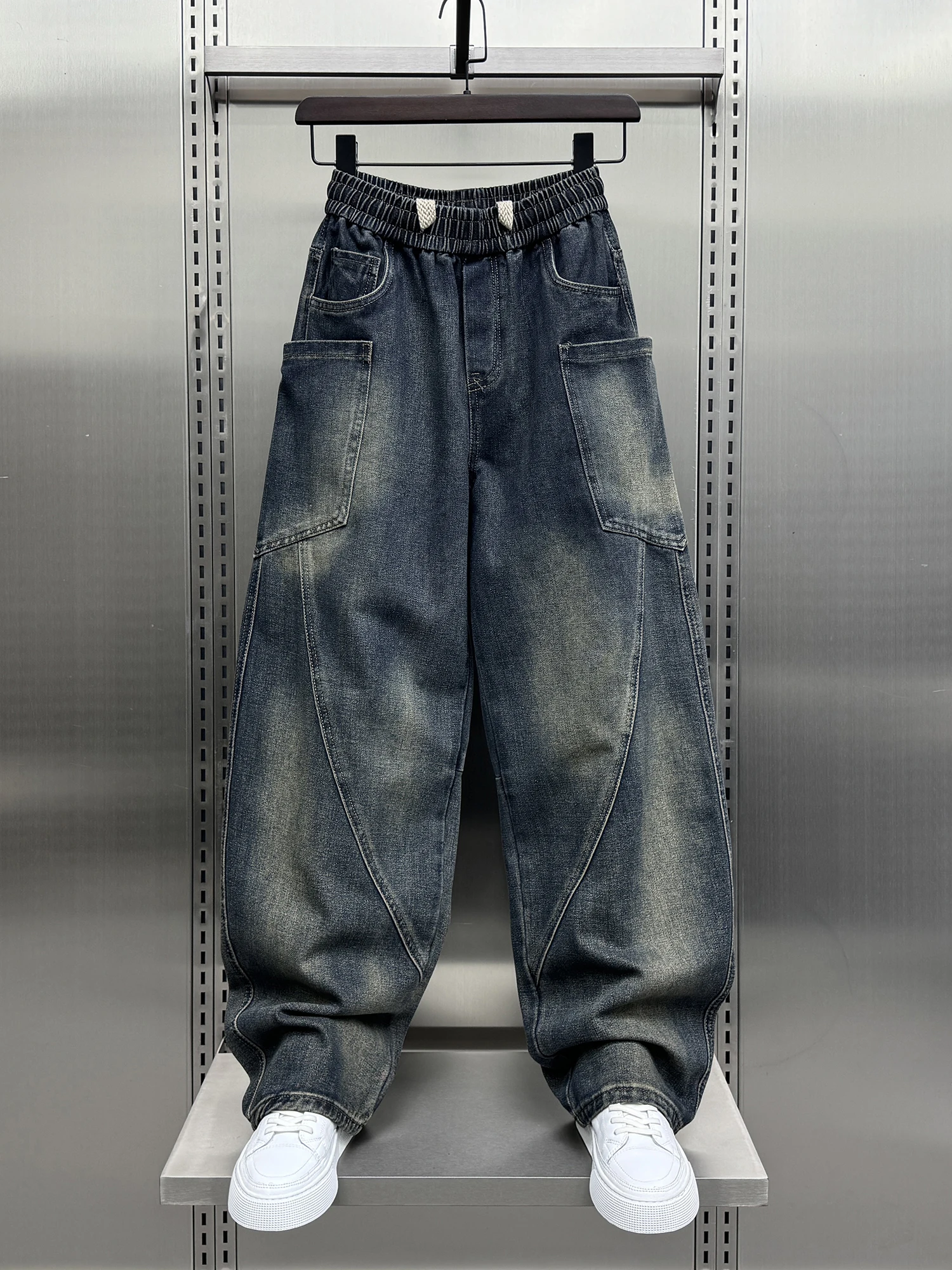 

Trendy Youth Men's Loose Vintage Spliced Knife Jeans mid Waist Long Pants Straight Leg Workwear Trousers Wear Resistant