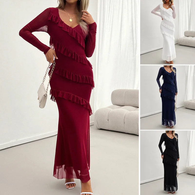 

Long Sleeved Women'S Dress With A Slim Fit Mesh V-Neck Dress