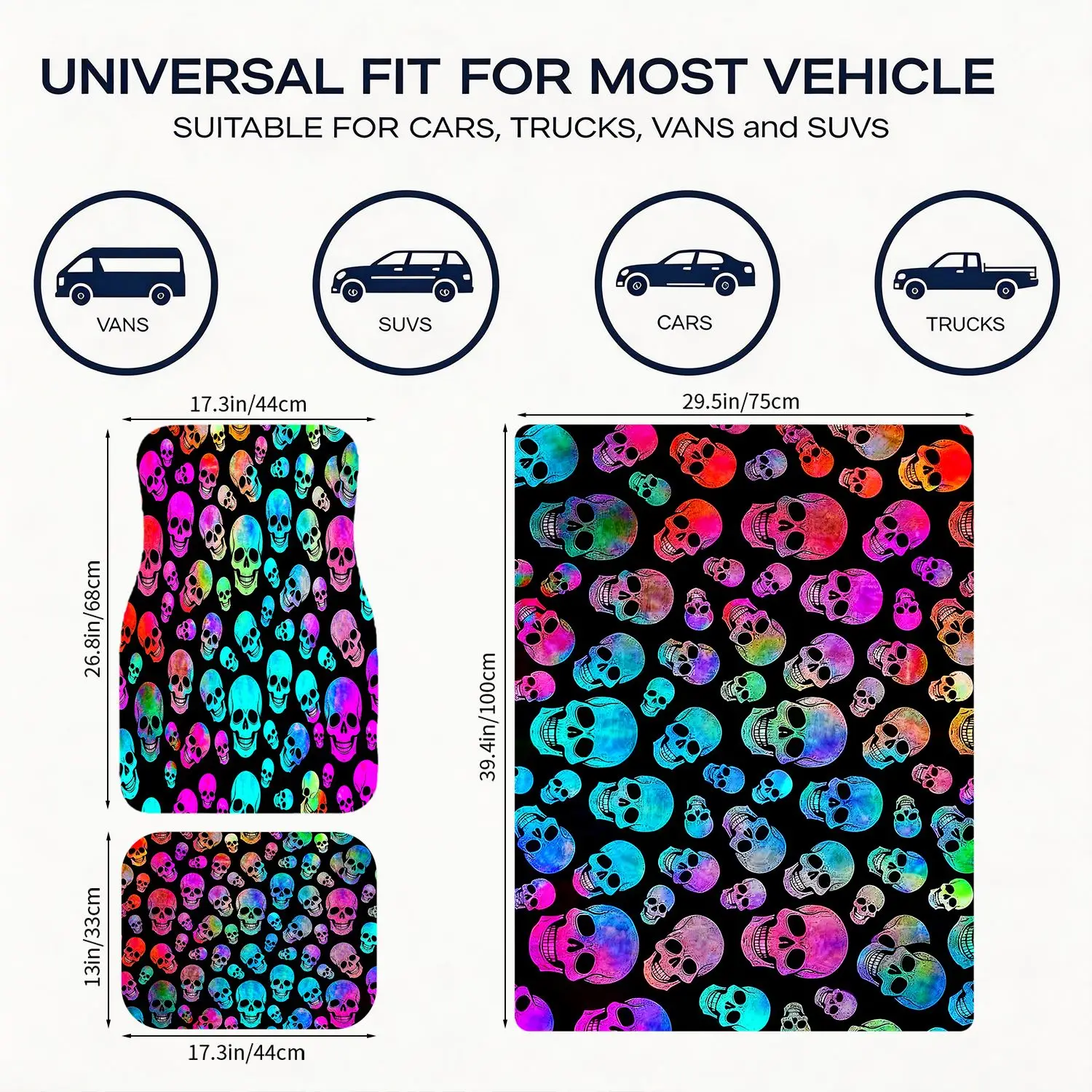 Universal Car Floor Mats And Trunk Liner Set Rainbow Skull Print Neon Colors Waterproof Rubber Non Slip Base 4 Pcs Kit For SUV