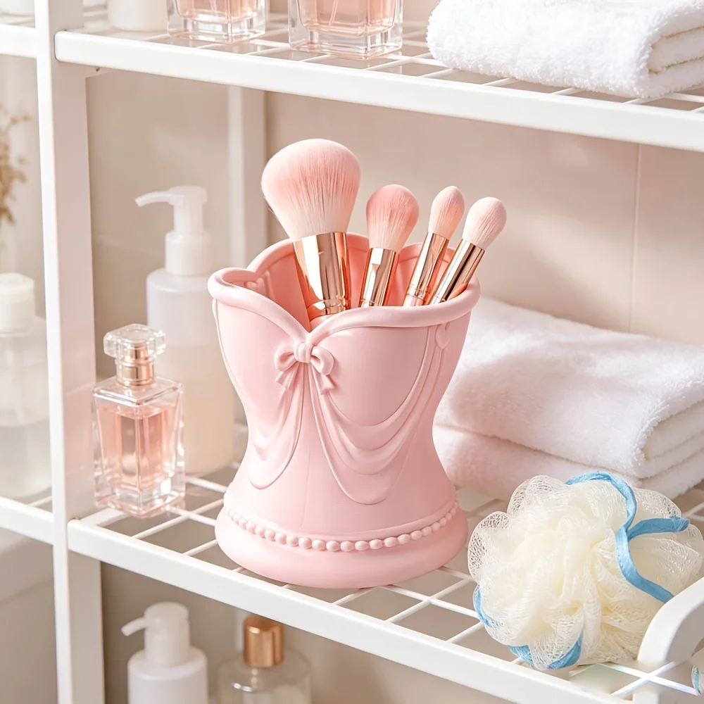 Cute Pink Bow Skirt Desk Storage Cup Makeup Brush Pencil Container Bathroom Table Ornament for Friends Back To School Birthday