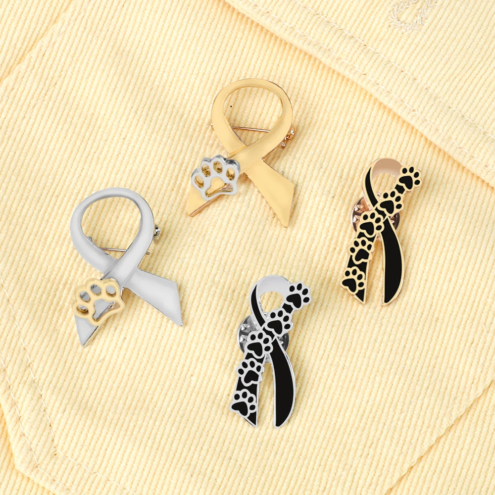 4 Styles Ribbon Enamel Pins Cute Golden Sliver Color Dog Paw Brooches Women Men Clothes Lapel Pin Badges Jewelry Gift for Friend