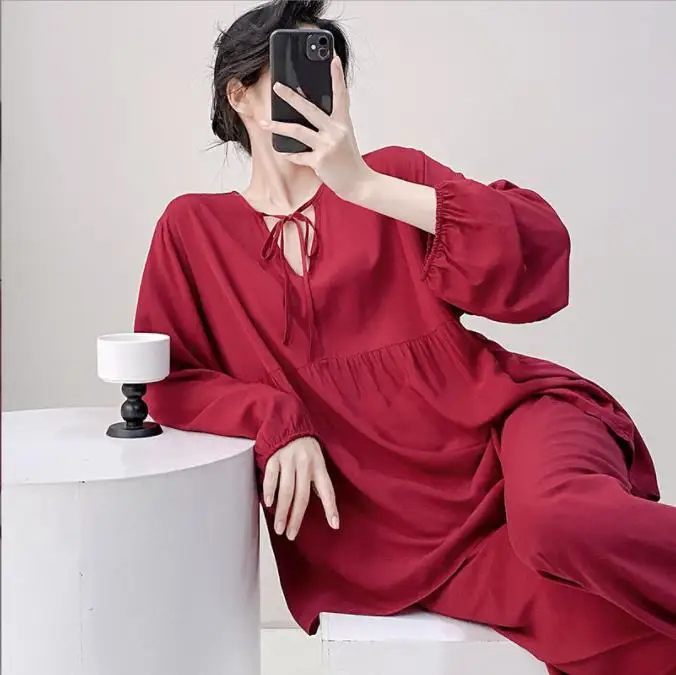 

Женский пижамный комплект из 2 предметов, весна-лето, новая одежда для сна, брюки с длинными рукавами, пижамный костюм, свободная повседневная домашняя одежда, одежда для дома