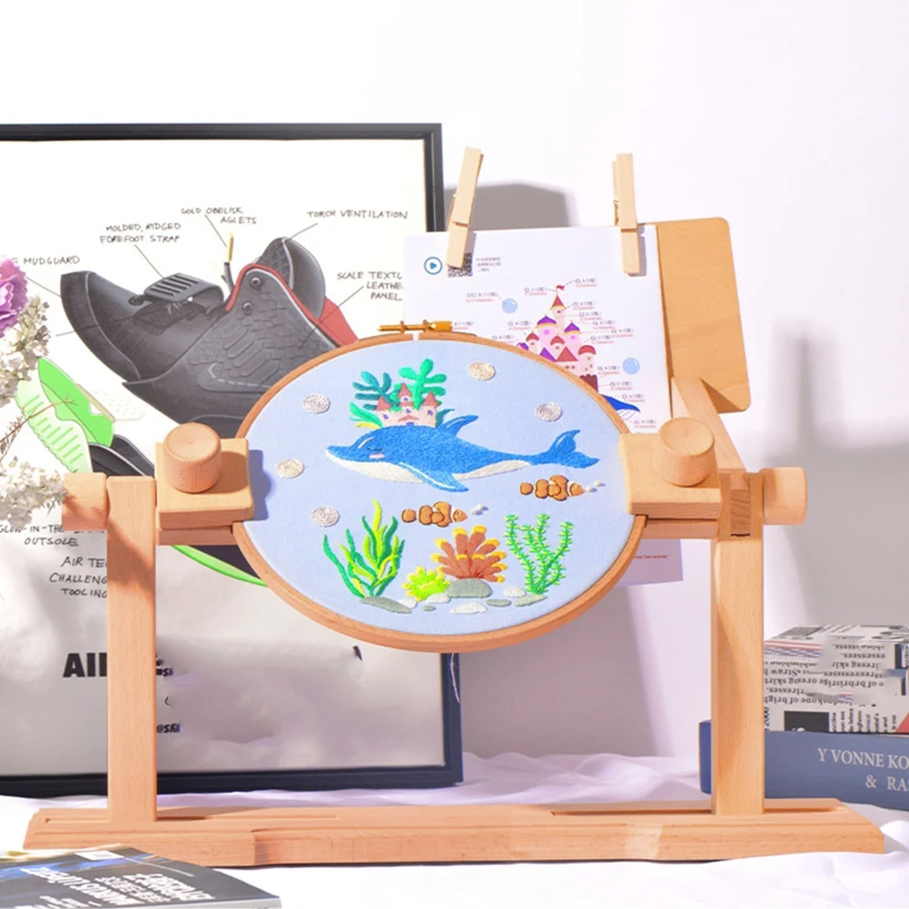 Time Saving Embroidery Hoop Stand - Adjustable Wooden Table Stand with Rotating Hoop Holder for Sewing Crafts