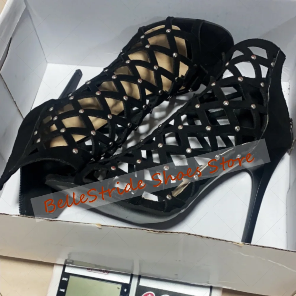 

Black Hollow Out Round Rivets Sandals Boots Back Zipper Women Shoes Thin High Heels Party Banquet Dating 2025 Zapatos Para Mujer