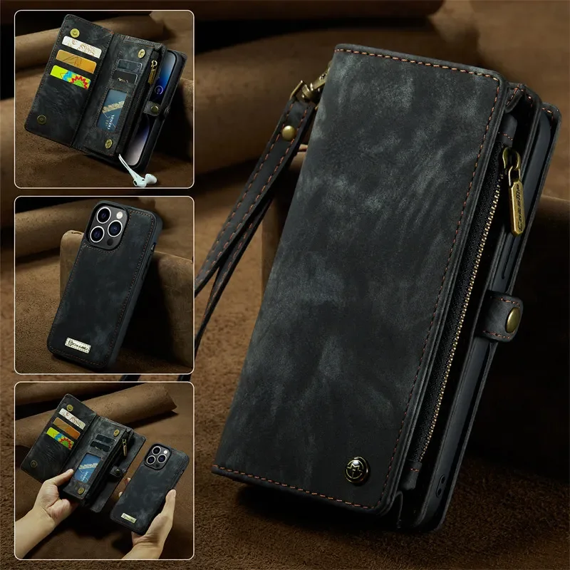 Etui z paskiem na szyję i skórzanym portfelem Caseme do iPhone 18 17 16 15 14 12 13 11 Pro Max Se2020, magnetyczne etui z zamkiem błyskawicznym, pokrowiec na karty, Hoesje