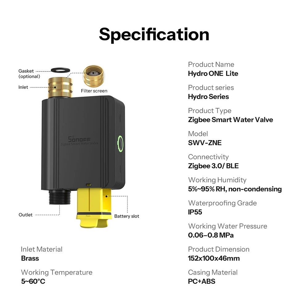 SONOFF Hydro ONE Zigbee Smart Water Valve With Flow Meter, Bluetooth Control, IP55 waterproof, Require SONOFF Zigbee Gateway