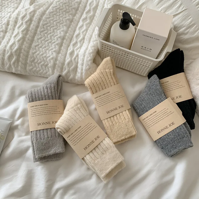 

1 Pair Women's Wool Socks Mid-Calf Length Fleece-Lined Thickened Warm Japanese Style Solid Color Long Socks Fall Winter Socks