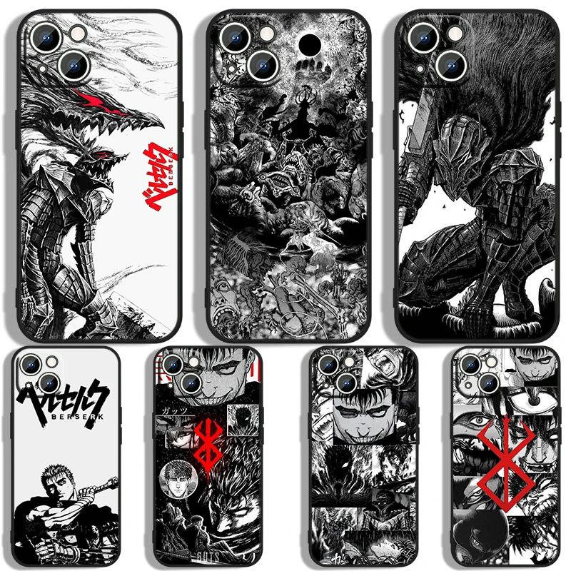 Berserk Anime per Apple iPhone 15 14 13 12 11 XS XR X 8 7 6 6S Pro Max Plus Mini Cover morbida nera per telefono