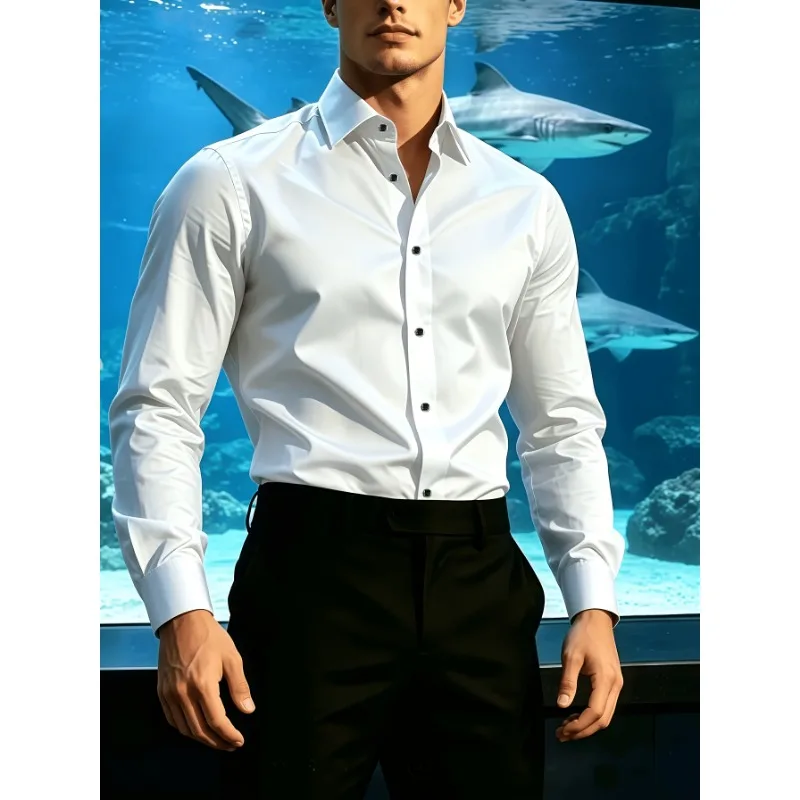 Chemise d'affaires pour homme - Chemise polyvalente à manches longues de couleur unie, style facile d'entretien