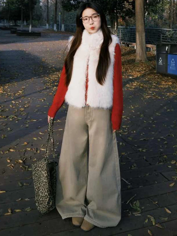 กางเกงยีนส์ทรงตรงขากว้างสไตล์อเมริกันเรโทรสีกากี  บุซับใน  ทรงหลวม  สำหรับผู้หญิง  ใส่ได้ทั้งฤดูใบไม้ร่วงและฤดูหนาว