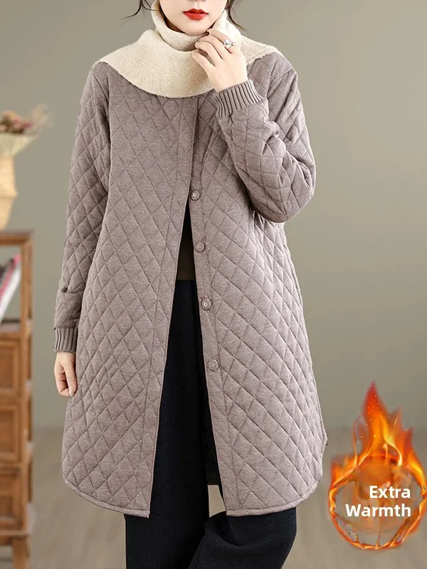 

Korean Japanese High End Diamond Pattern Cotton Jaet Women's Retro Versatile Warm mid Length Outerwear Long Sve Coat