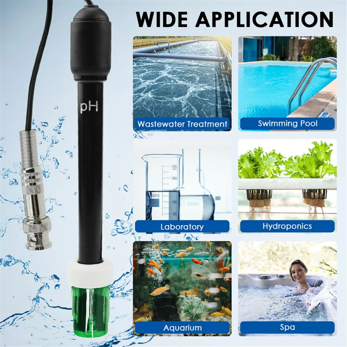 ABDR-PH Electrode Sensor Probe Water Analyzer Water Tester PH Probe for Aquarium Hydroponics Industry Experiment 300cm Cable