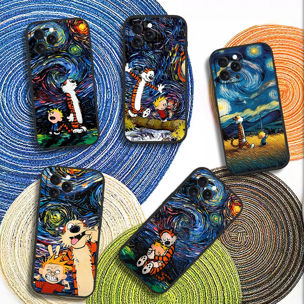 Cartoon C-Calvin and H-Hobbes Cute Starry Night Phone Case for iPhone 12 11 14 15 13 16 Max Plus Pro Black Soft Silicone Cover