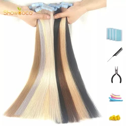 ShowCoco-Tape em extensões de cabelo humano, 100% cabelo humano, substituível, adesivo, 12 