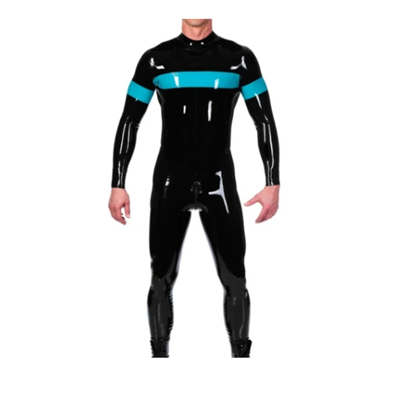 

Latex Catsuit Back Zipper Black with Lake Blue for Men Wear Handmade Rubber Bodysuit Jumpsuit