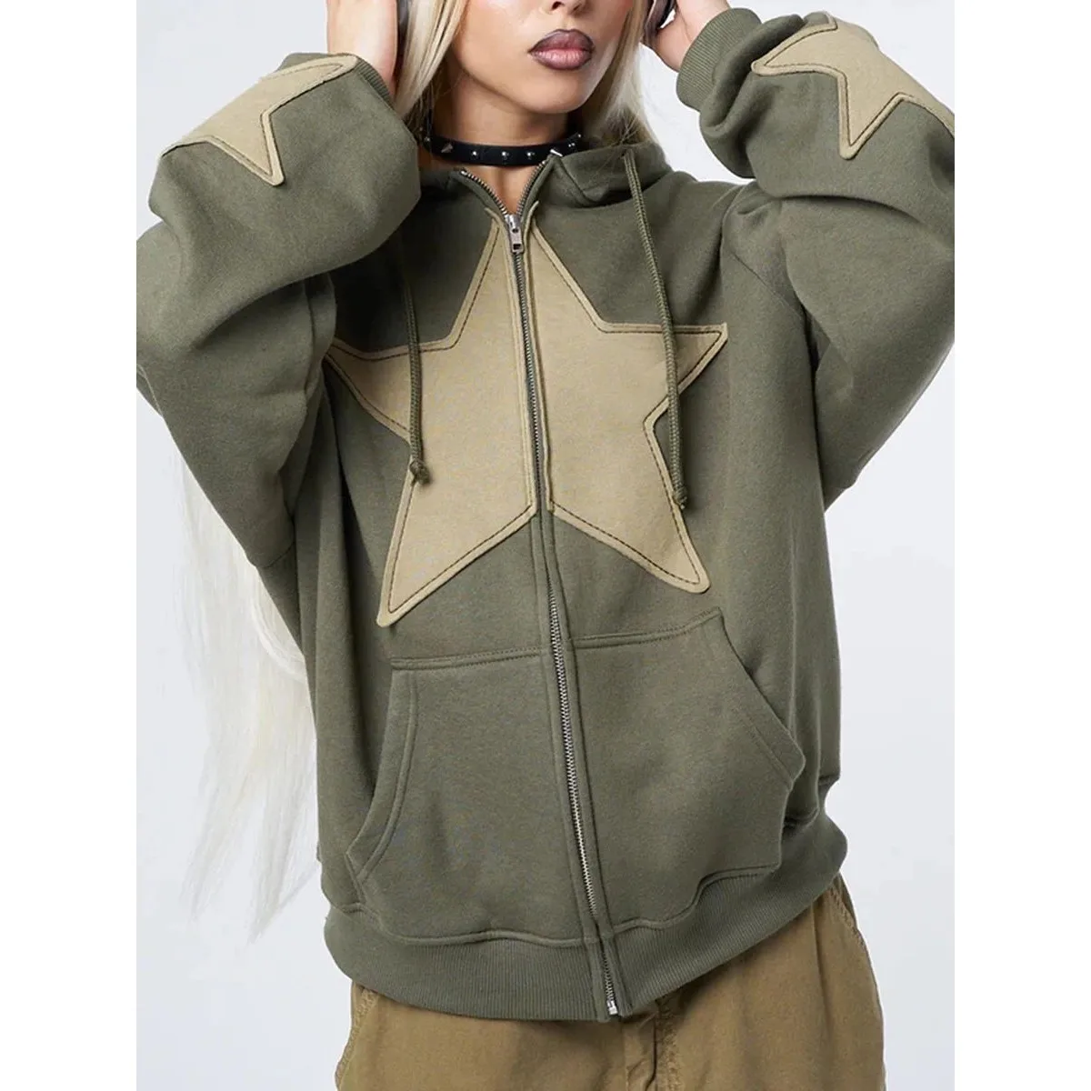 Y2K 빈티지 스타 프린트 후드 후디 여성 캐주얼 루즈핏 편안한 소프트 터치 패셔너블 스트리트웨어 스타일