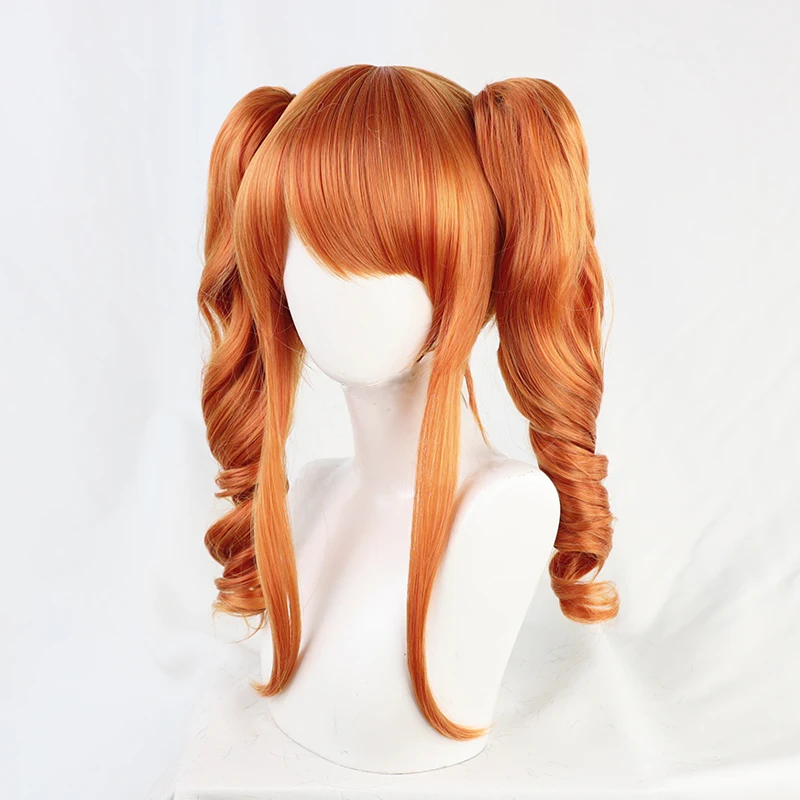 D4DJ Merm4id Seto Rika Cosplay Wig Orange Long Curly Twin Ponytails Hair Halloween Party Wigs + Wig Cap + Horns PropsAccessory image 3