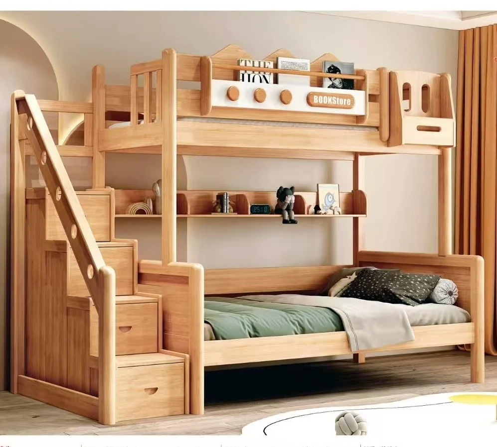 

！@2025 Modern Simple Solid Wood Beech High and Low Bunk Adult Children Bedroom Furniture Minimalist Wooden Bunk Beds
