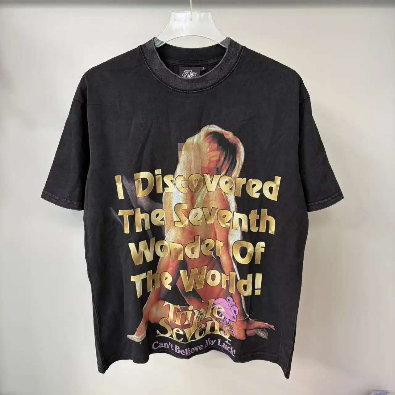 TRIPLE SEVENS Vintage Washed Antique Short-Sleeved T-Shirt - Men's and Women's Cartoon Printed Round Collar Casual Shirt