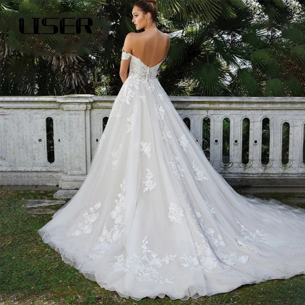 LISER Elegant A-line Lace Wedding Dresses For Women applique  Off-Shoulder Bridal Gown Backless Sweep Train Vestidos De Noiva