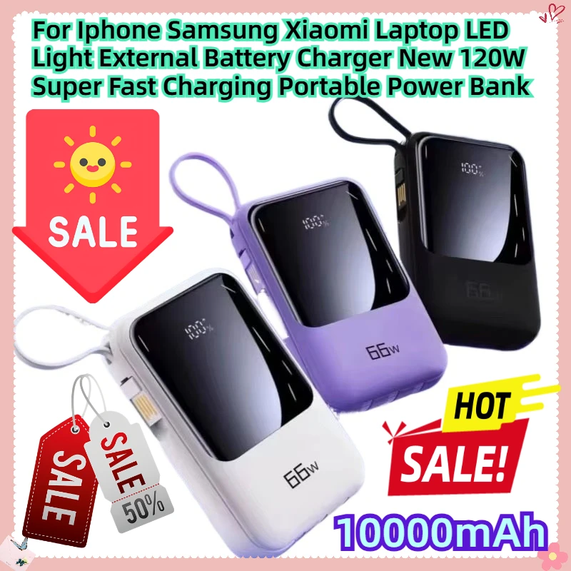 

For Iphone Samsung Xiaomi Laptop LED Light External Battery Charger New 120W Super Fast Charging 10000mAh Portable Power Bank