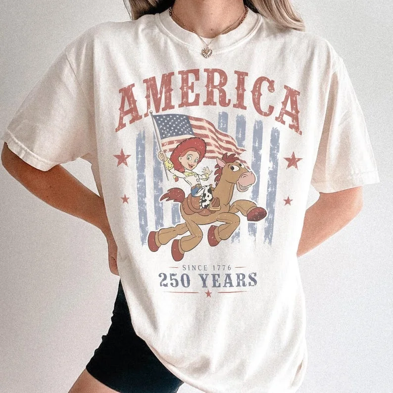 Retro Patriotic Cartoon Family T-shirt, Cowgirl Riding Horse Flag Pattern Premium Cotton Parent-child Holiday Daily Streetwear