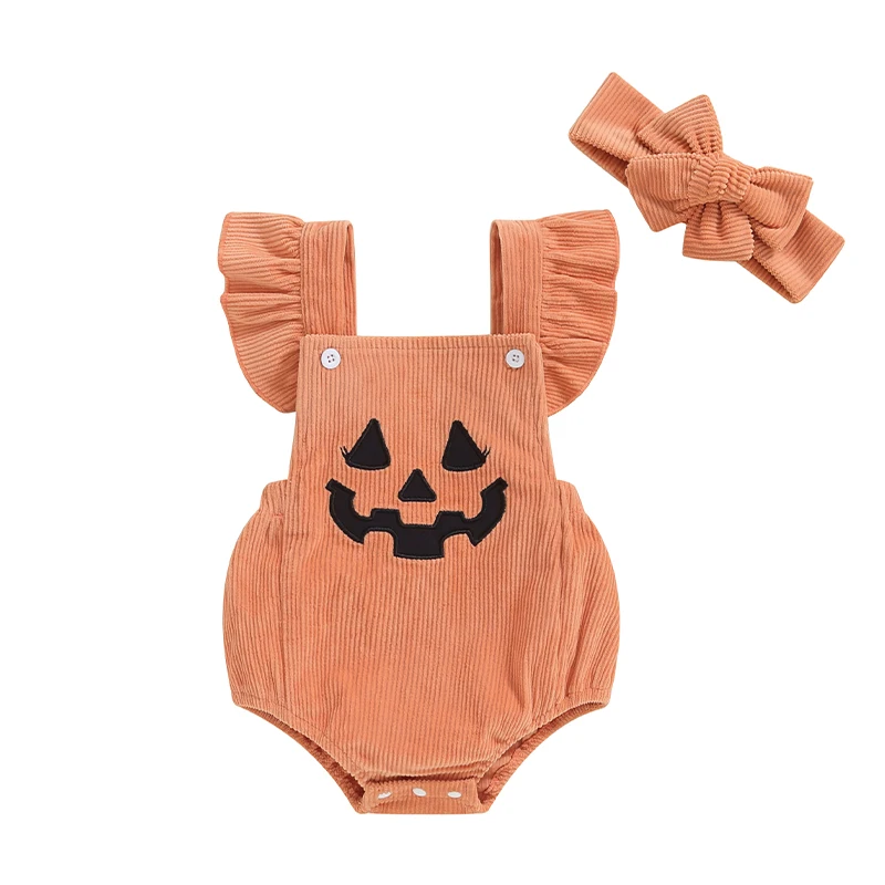 Toddler Baby Girl Halloween Corduroy Set Fall Witch Pumpkin Embroidered Ruffled Square Neck Overalls Romper Headband Outfits