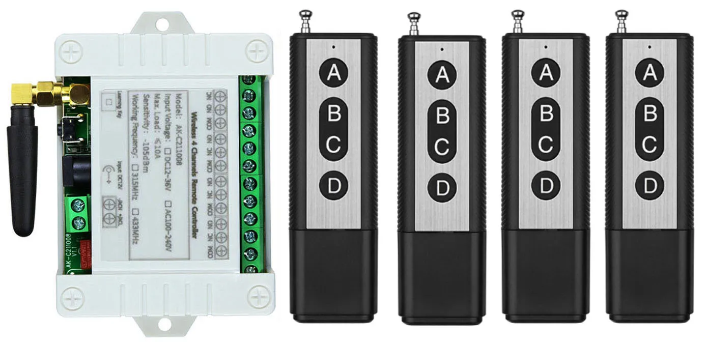 Smart Multiple DC 12V 24V 36V 10A 433 MHz 4CH 4 CH 4 Channel Wireless Relay RF Remote Control Switch Receiver and Transmitter