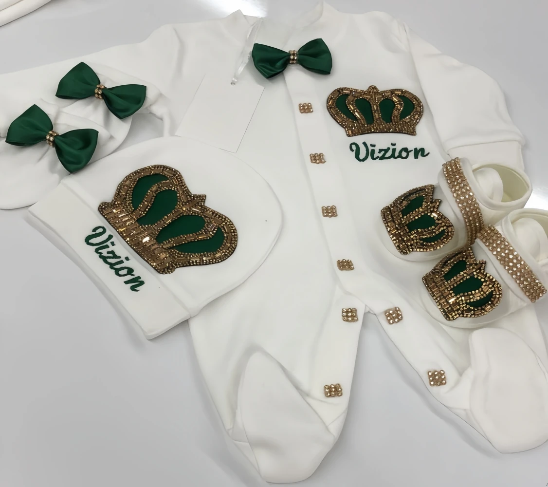 Dollbling Emerald Newborn Baby Boy Personalized Name Outfits 4pcs Origin Turkey Welcome Home Hospital Crown Jewelry Romper Set