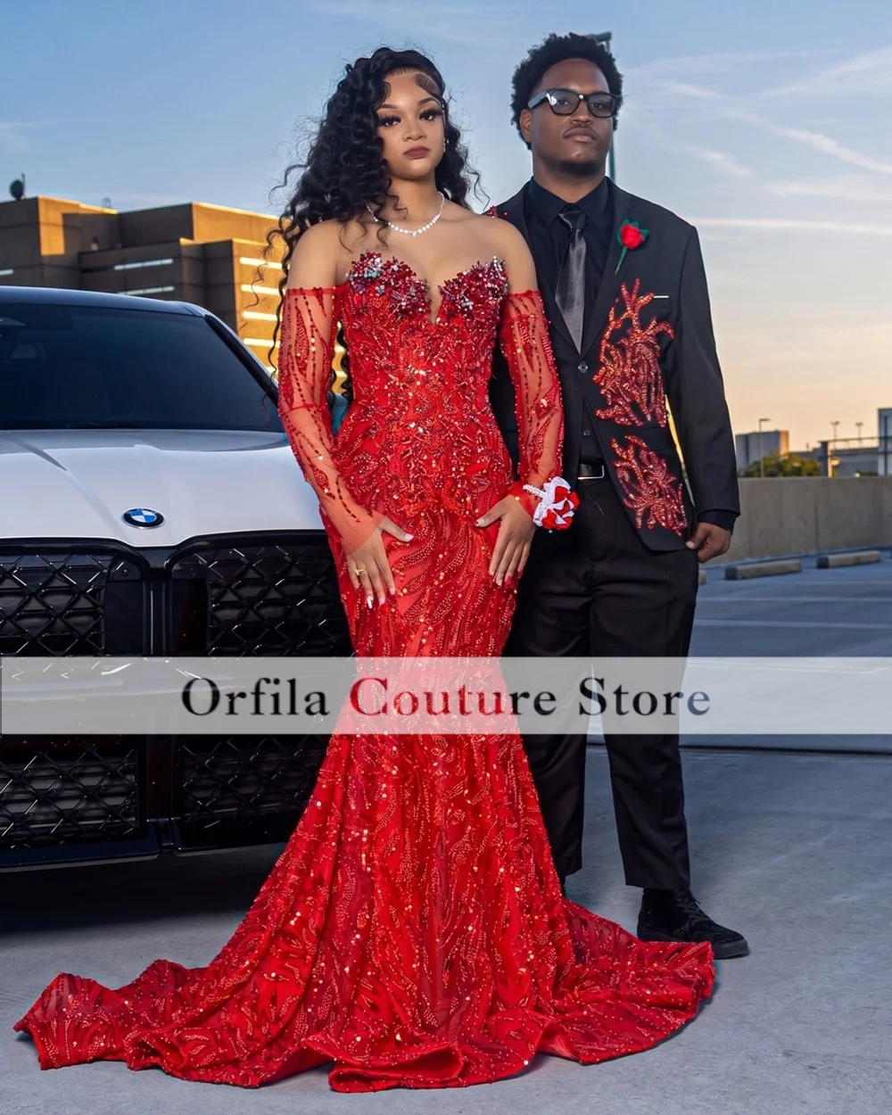 Black Girls Mermaid Prom Dresses 2026 Red Sequin Beading Mermaid Party Gowns Off Shoulder Evening Dress Customized