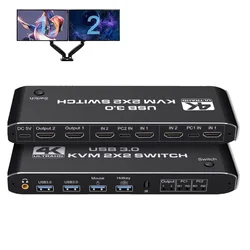 Dual Monitor HDMI KVM Switch 2x2 USB3.0 HDMI KVM Switch 2 in 2 out 4K 60Hz 2x2 Mixed Display 2 Monitors 2 Computer for PC laptop