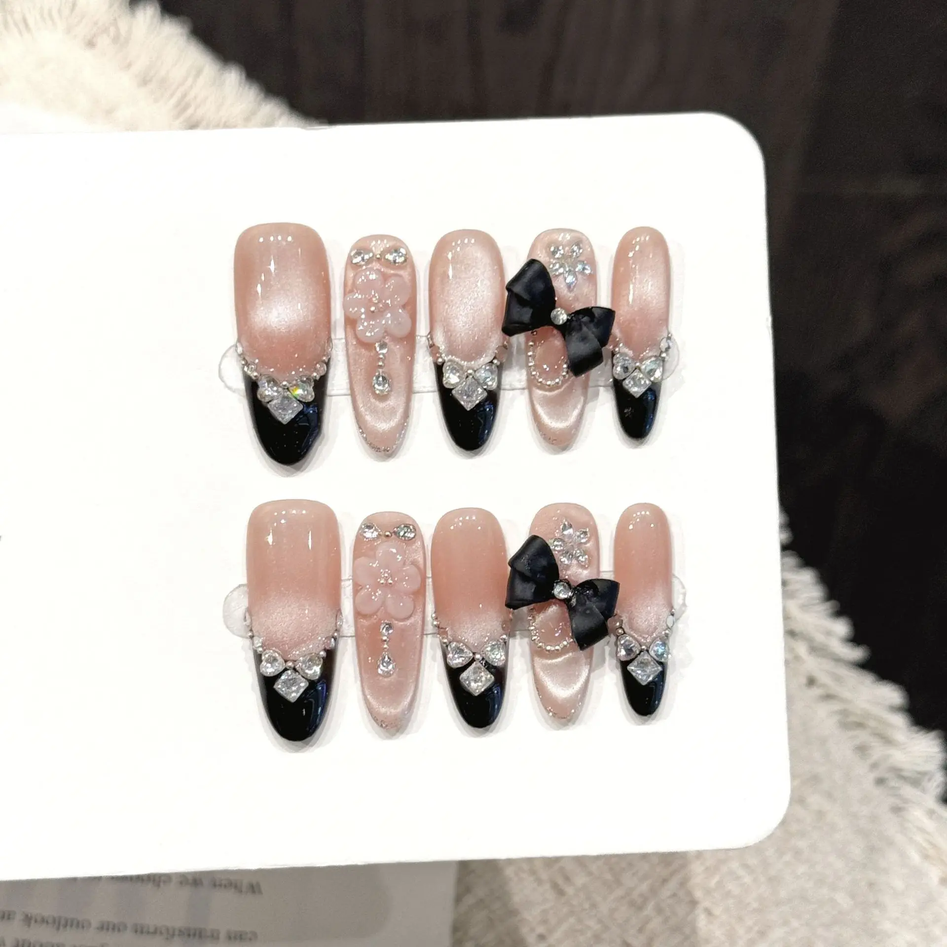 10PCS Stiletto Handmade Press On Nails,Kangjin Style French Cuisine,Suitable For Festivals Parties And Daily Wear.