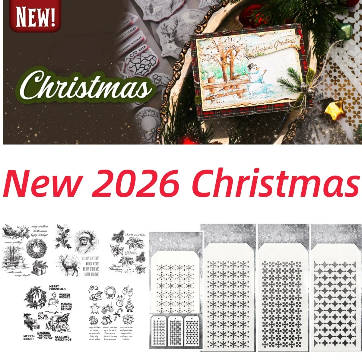 2026 Christmas Spirit Santa Wreath Doodles Cutting Dies Clear Stamps Snowflake Stencil for DIY Decorating Card Festive Schematic