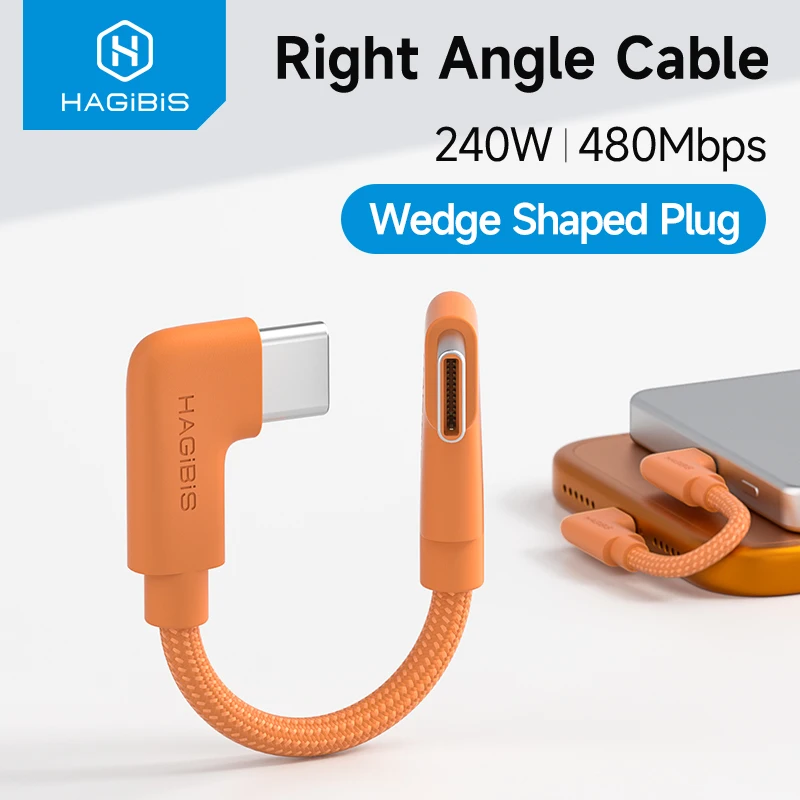 Cabo USB C para USB C Magnético Hagibis, Carregador Rápido Tipo-C de Ângulo Curto PD 240W para iPhone 17/16/15 Pro Max
