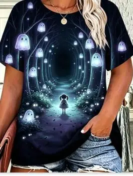 Women Cute Glowing Ghost Dark Forest Print T‑Shirt Spooky Little Girl Halloween Crew Neck Short‑Sleeve Casual Tops