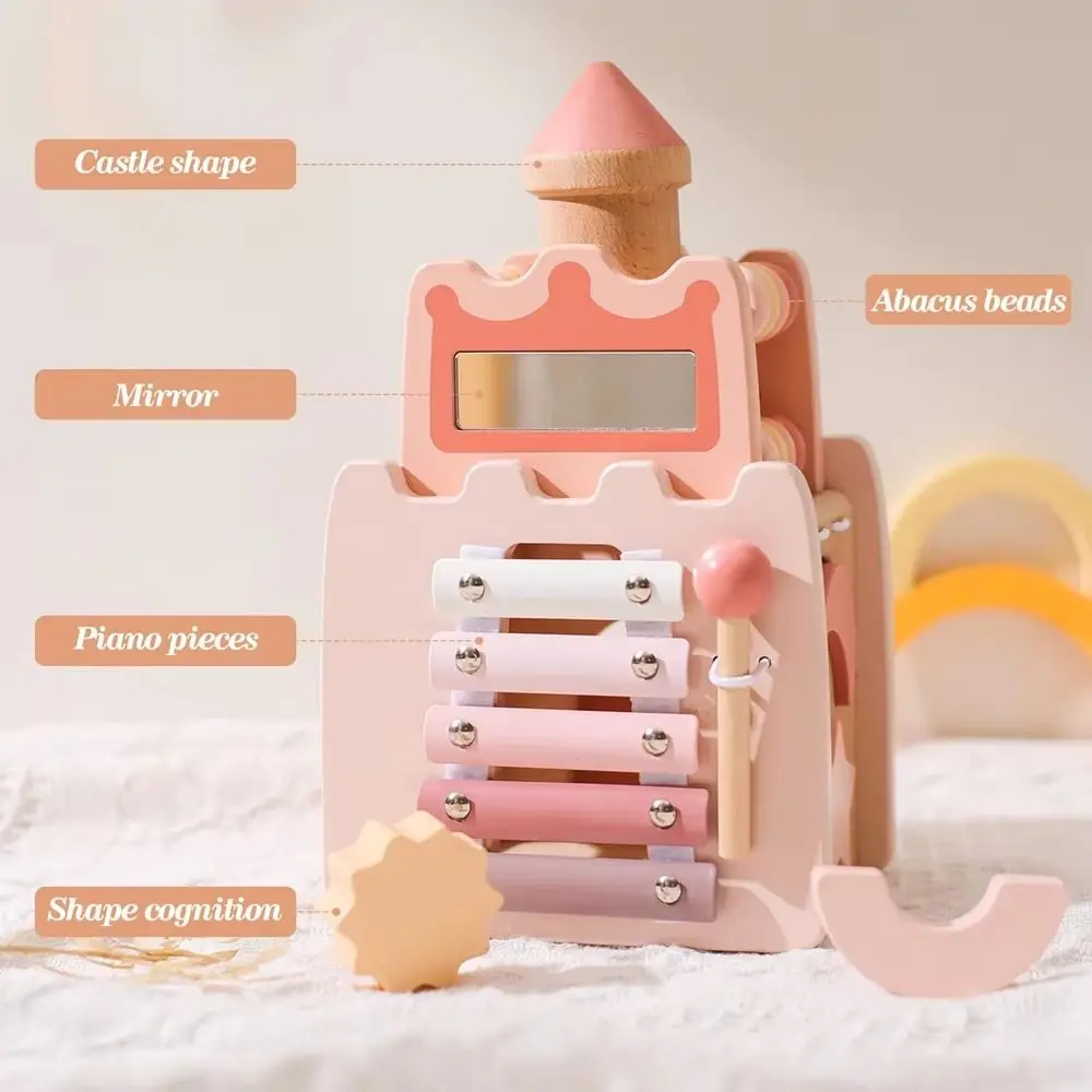 

Montessori 5-in-1 Wooden Castle Toys Shape Sorter Early Education Castle Stacking Puzzle Toy with Sound Interactive