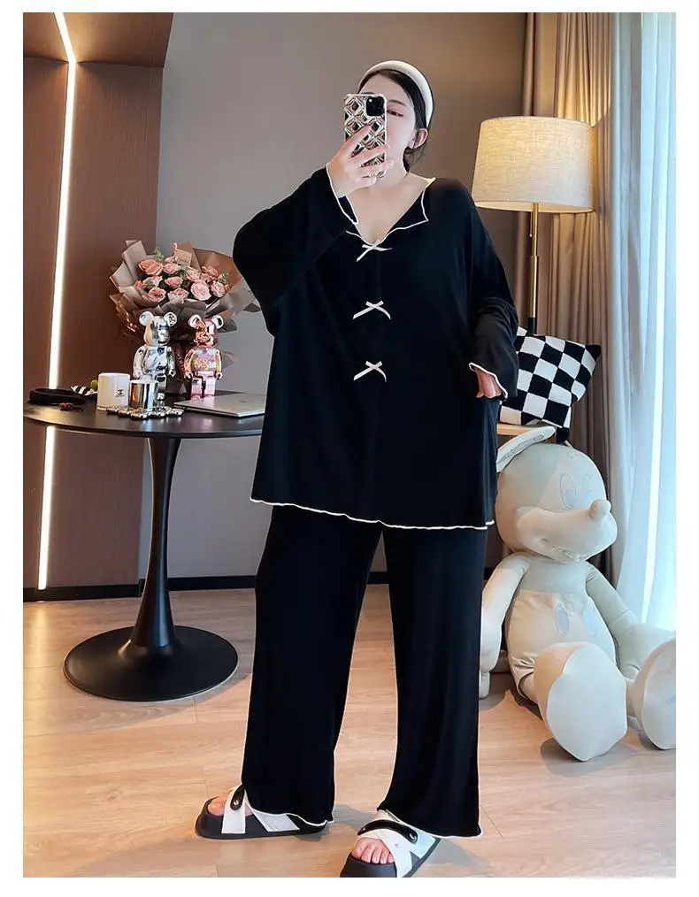 150kg Large Size Autumn Pajama Button Up Long Sleeve Shirt and Trousers Women Loose Home Clothes Solid Bow V-neck Two-piece Set