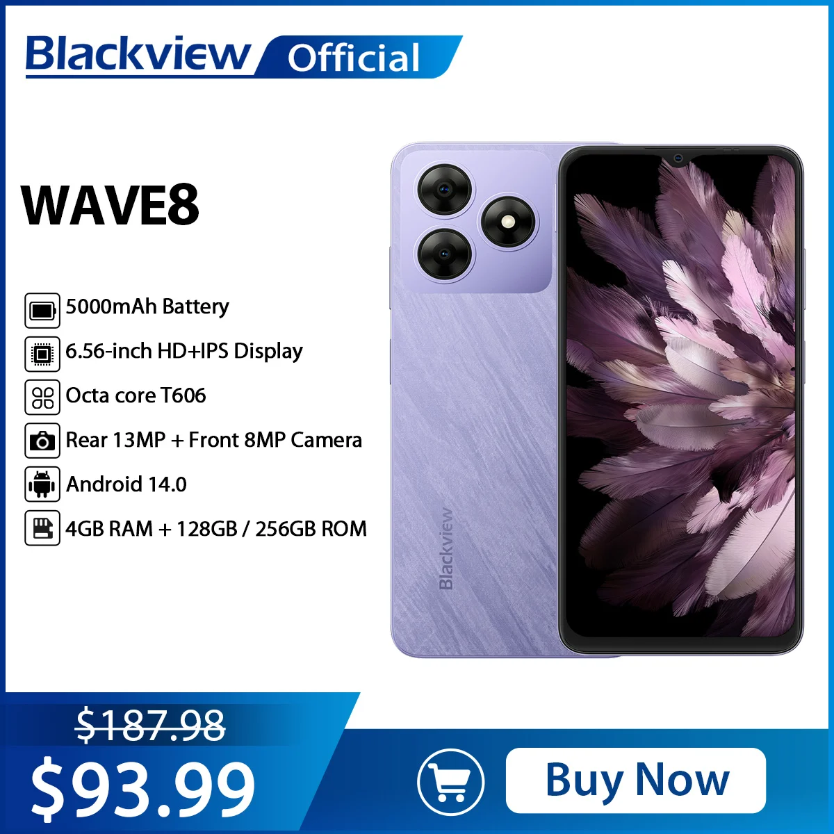 Blackview WAVE 8 Smartphone 6.56'' HD+IPS Display,Octa Core T606 128GB/256GB,5000mAh Battery,Cell Phone 13MP Camera Android 14