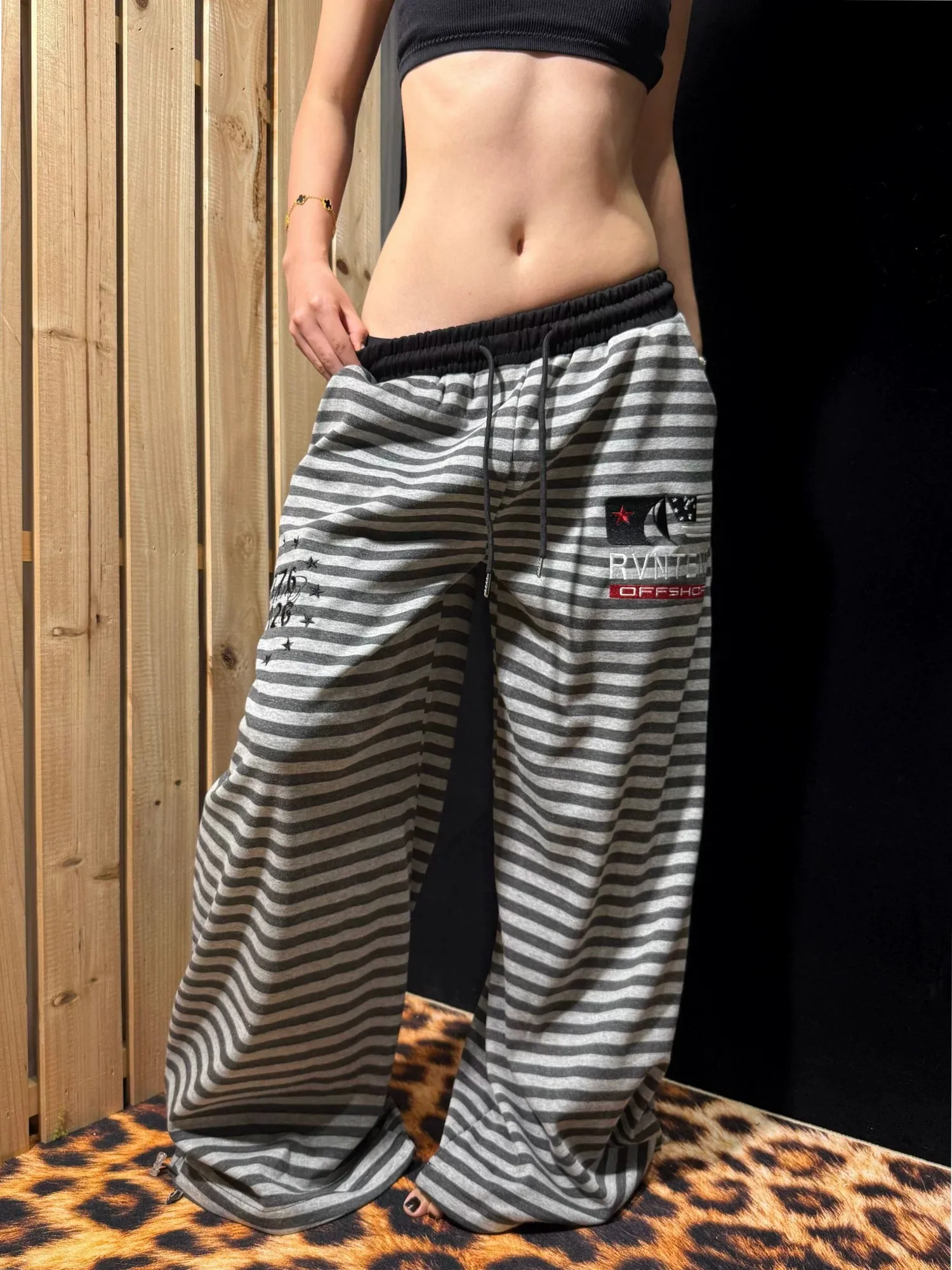 Retro American Color Block Letter Embroidery Striped Sports Pants Women's Lazy Loose Wide Leg Casual Long Trousers