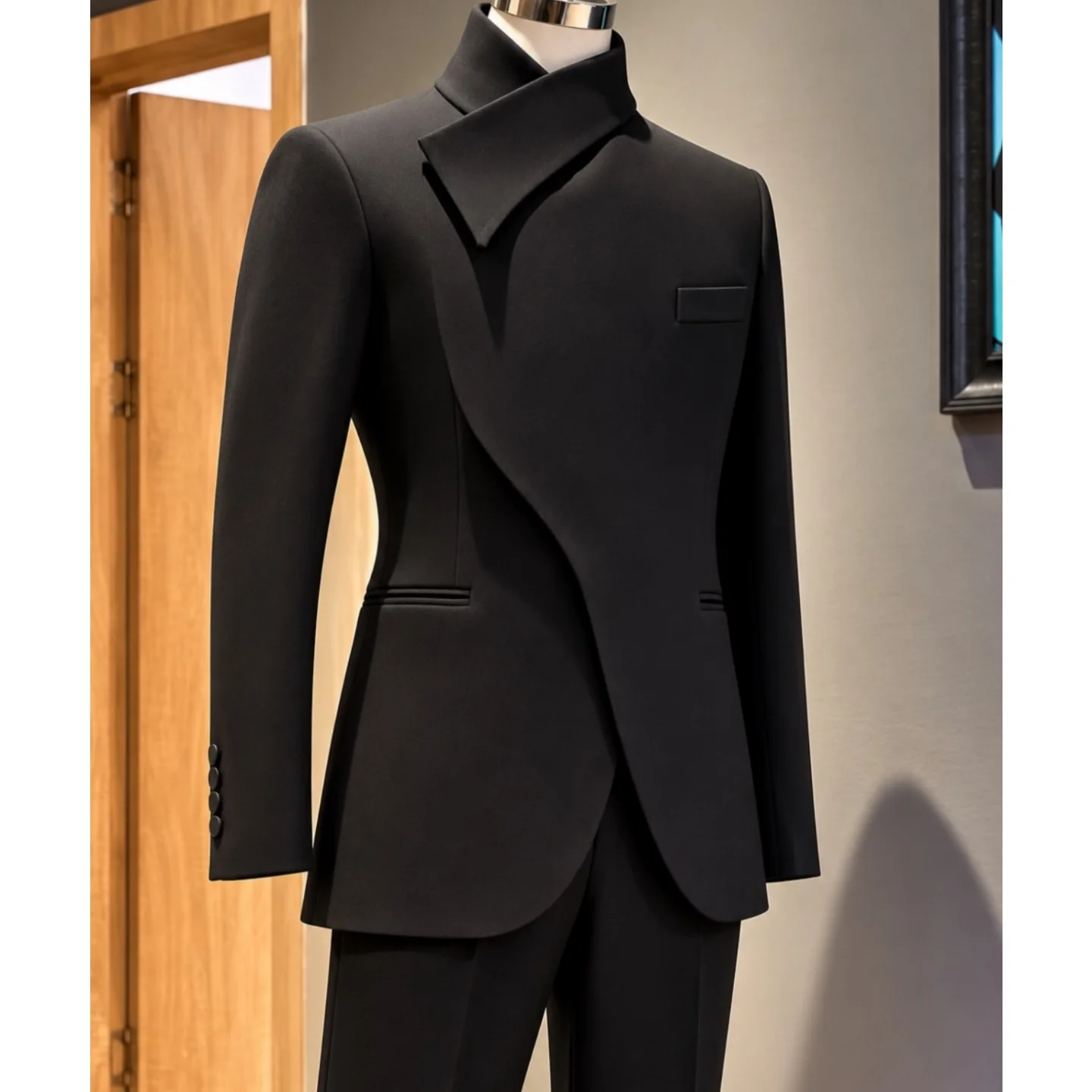 Vintage Men Black Asymmetric Shawl Collar Suit 2 Pieces Stand Collar Blazer Pants Set Chinese Style Office Gentleman Customized