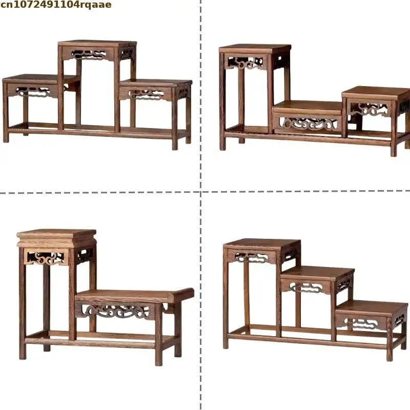 Wooden Miniature Connected High And Low Base Figurines Vase Flower Pot Sorting Table Display Rack Tea Sets Pedestal Bonsai Shelf