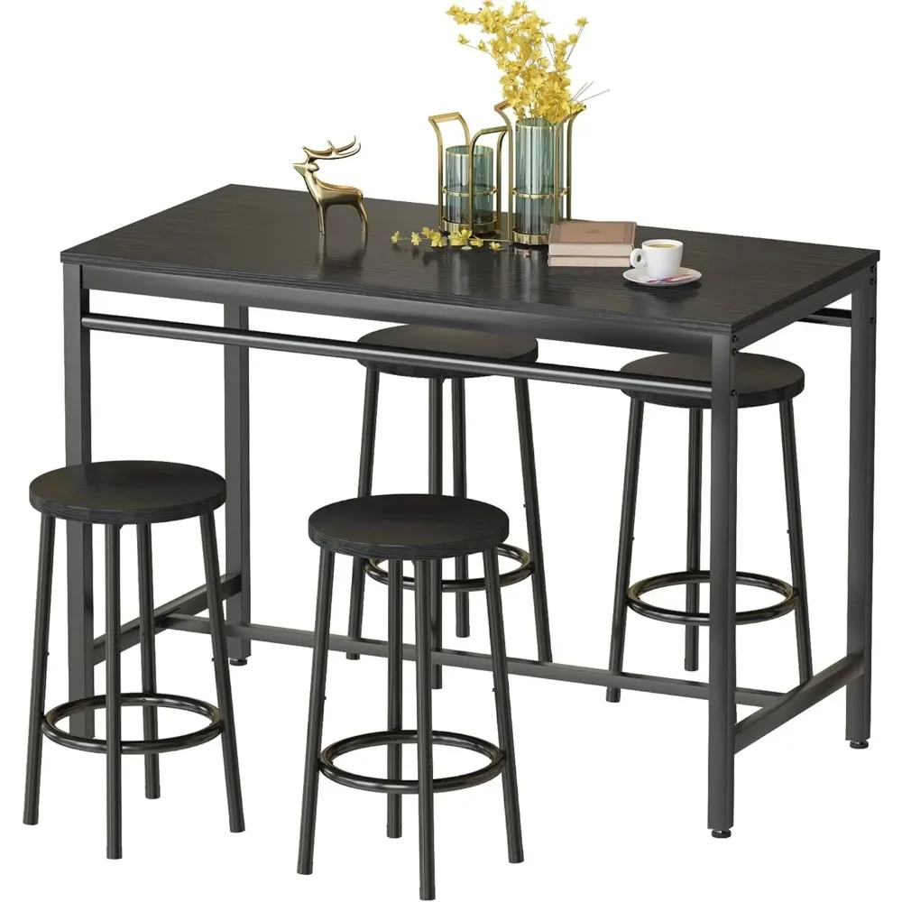 5 Pieces Bar Table Set, Kitchen Table and Chairs for 4, Industrial Counter Height Pub Dining Set with 4 Round Bar Stools,  Black