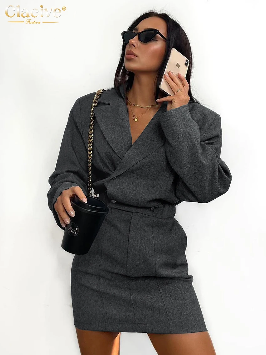 Clacive Fashion Loose Gray Office 2 Piece Sets Women Outfit 2025 Elegant Long Sleeve Shirt With High Waist Mini Skirt Set Female