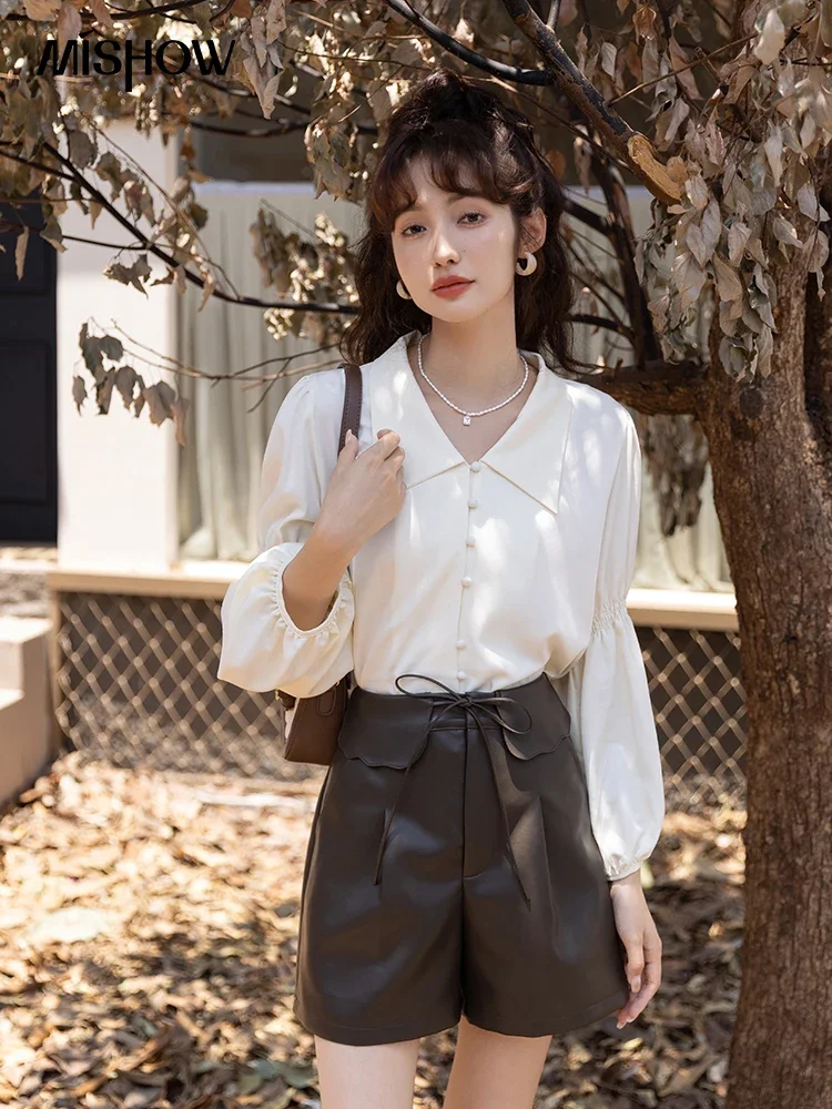 MISHOW Elegant Women's Blouse Autumn Vintage French Lantern Sleeves Turndown Collar Shirt Office Lady Female Clothing MXB32C0508