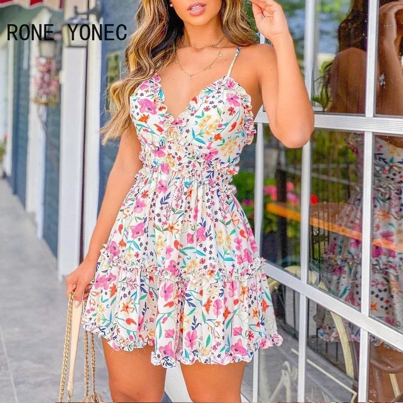 Women Spaghetti Strap Floral Print Frill Hem Dress Casual Mini Vacation Dress 2021