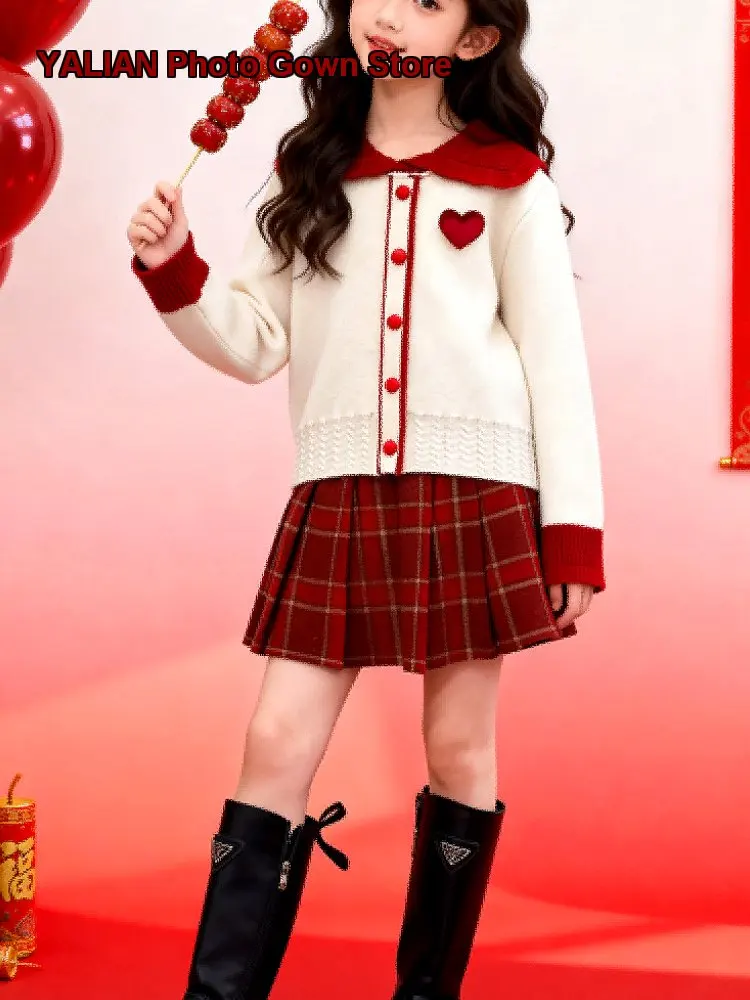 Girls Ruffled Neck Sweater Kids 2025 Autumn Winter Pleated Skirt Set Festive Outfit Older Kids