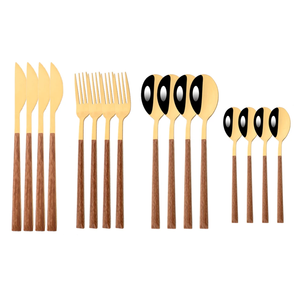 

16Pcs Kitchen Cutlery Set Stainless Steel Fork Spoon Knife Teaspoon Dinnerware Tableware Set Imitation Wooden Handle Flatware