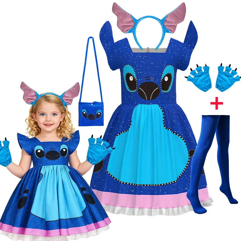 Kids Blue Alien Doggy Printed Cartoon Cosplay Dress Girls 3D Animal Ear Strap Frock Halloween Role Play Hawaii Creature Costume